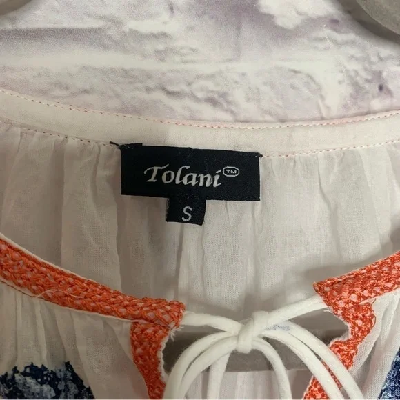 Tolani Floral Embroidered Tassel Tie Peasant Top - Picture 9 of 11